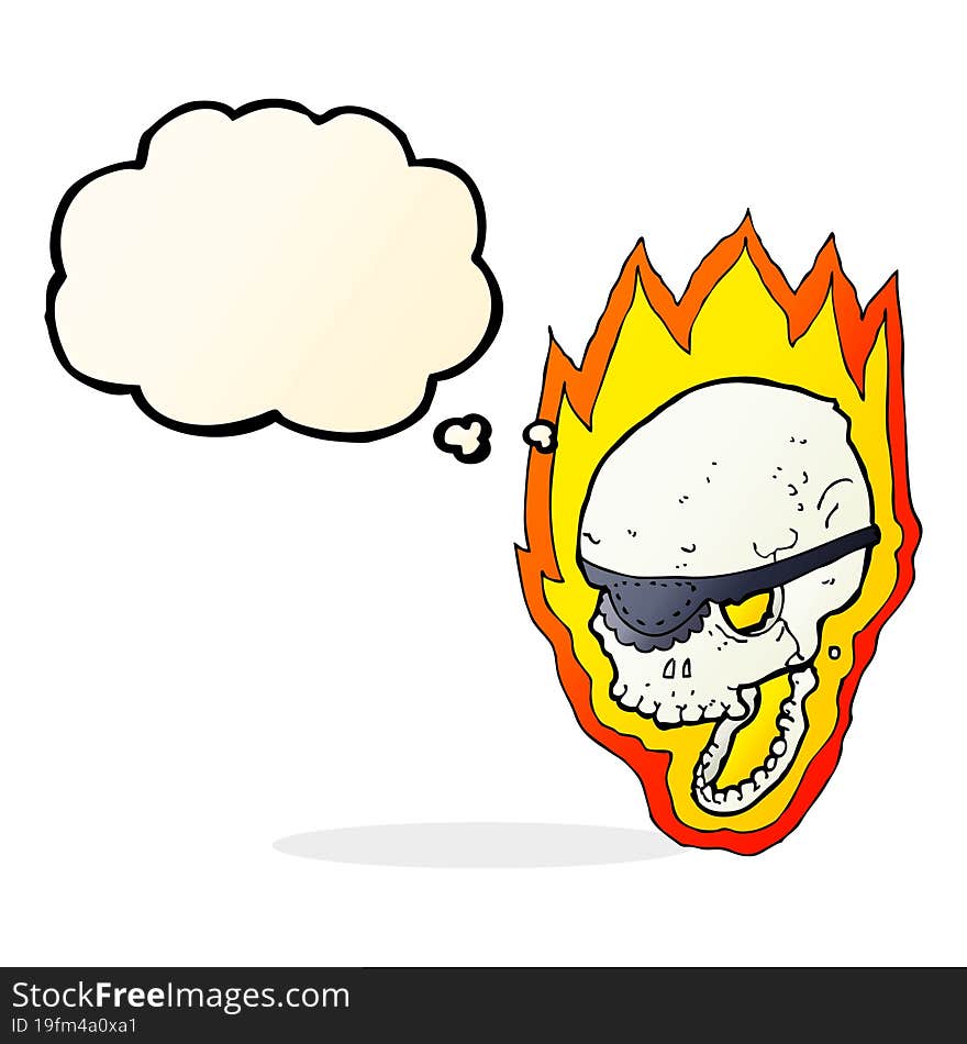 cartoon flaming pirate skull with thought bubble