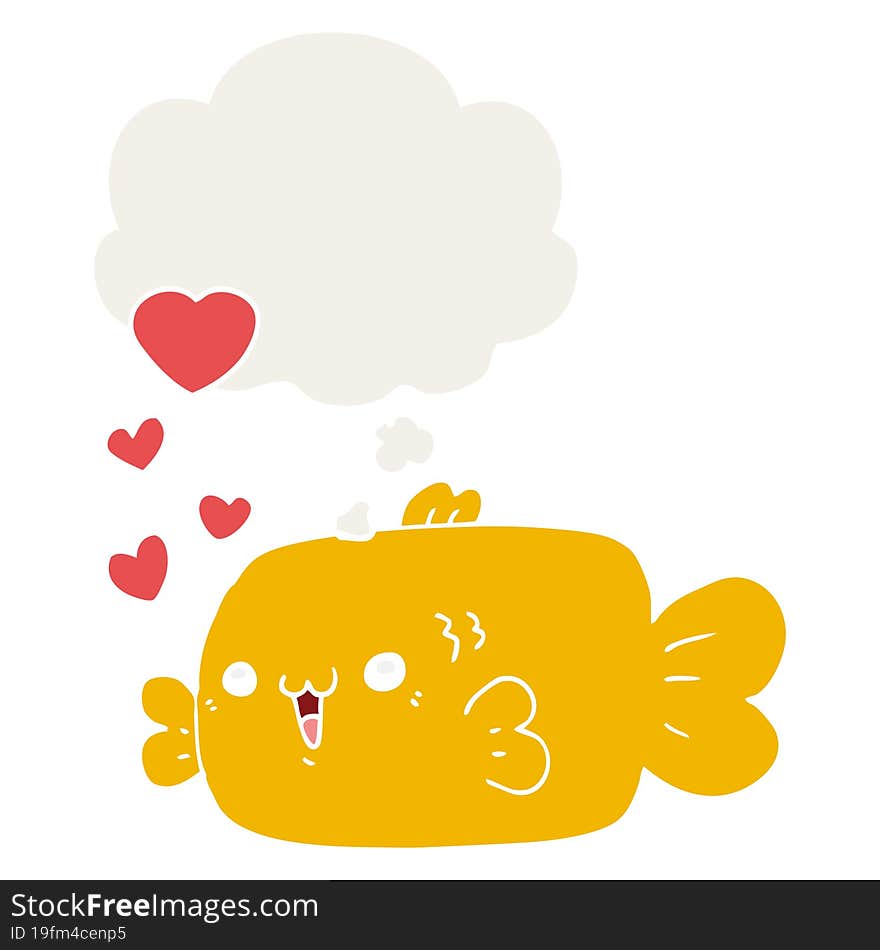 cute cartoon fish with love hearts with thought bubble in retro style