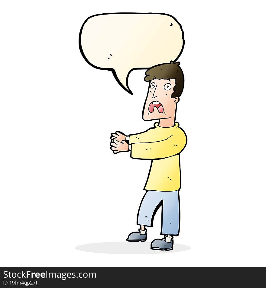 cartoon terrified man with speech bubble