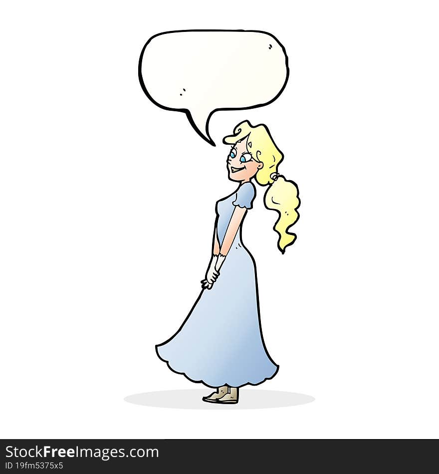 cartoon pretty woman in dress with speech bubble