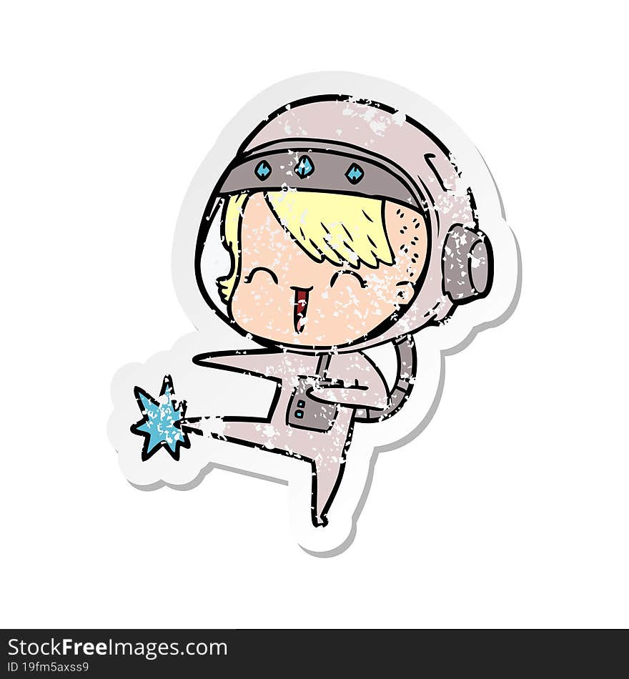 distressed sticker of a happy cartoon space girl kicking