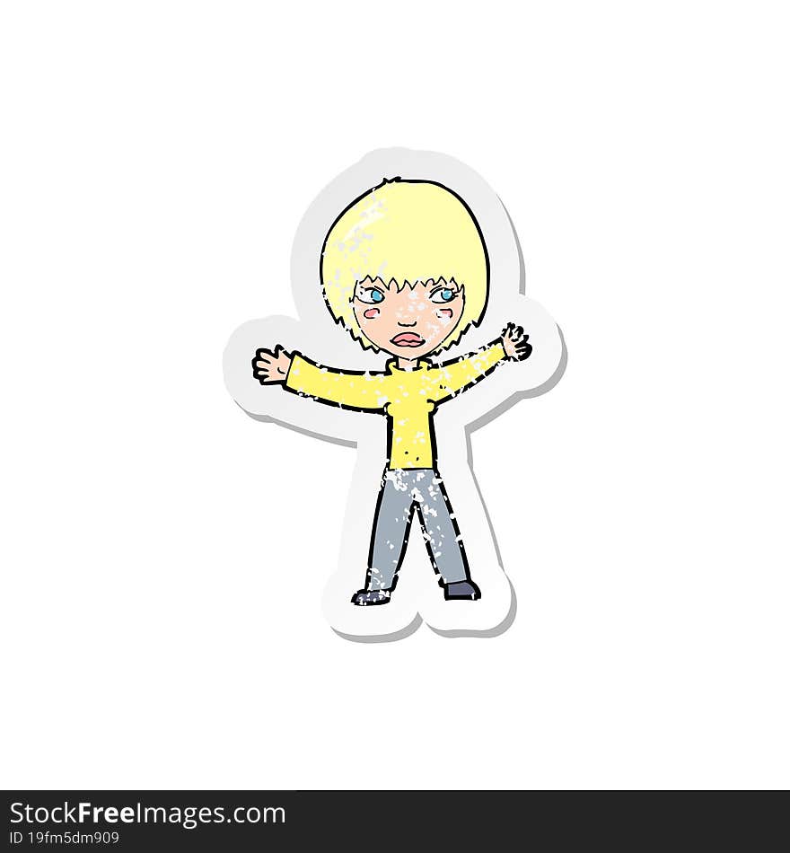 Retro Distressed Sticker Of A Cartoon Waving Woman