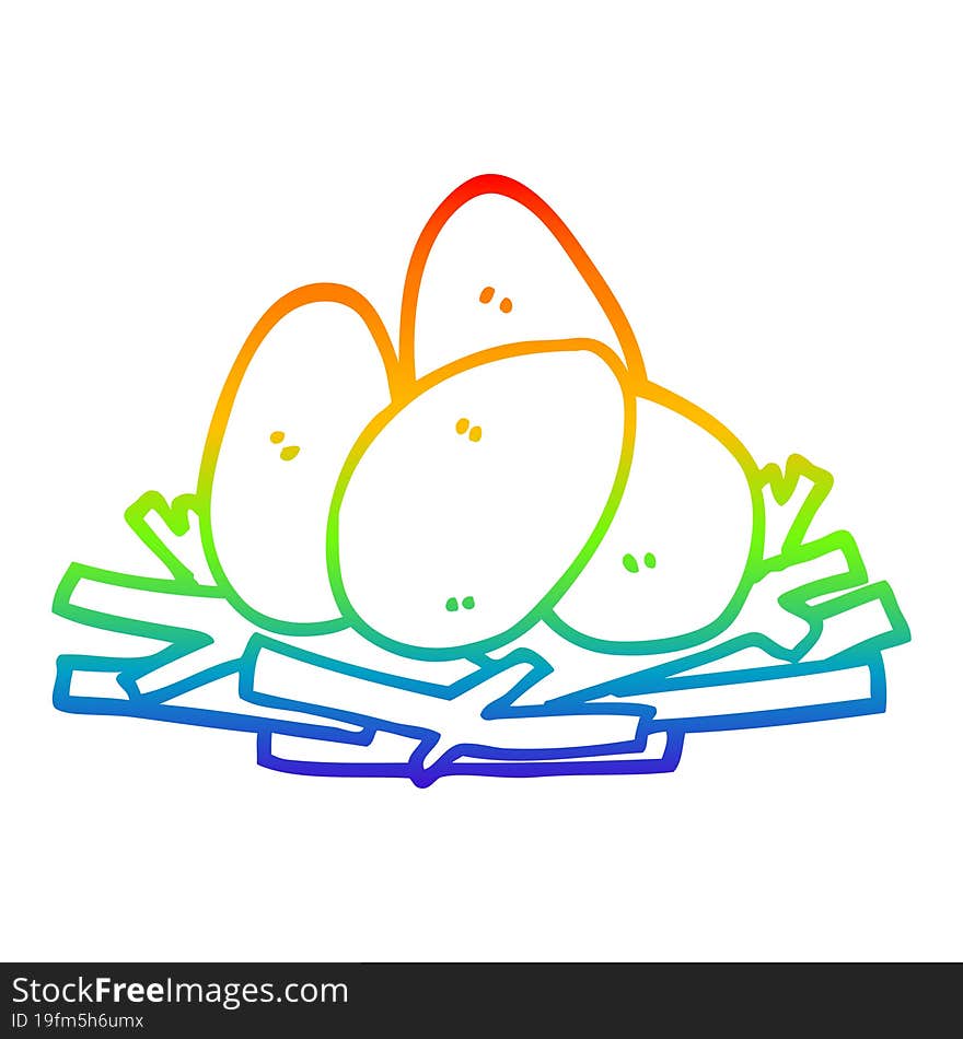 rainbow gradient line drawing cartoon eggs in nest