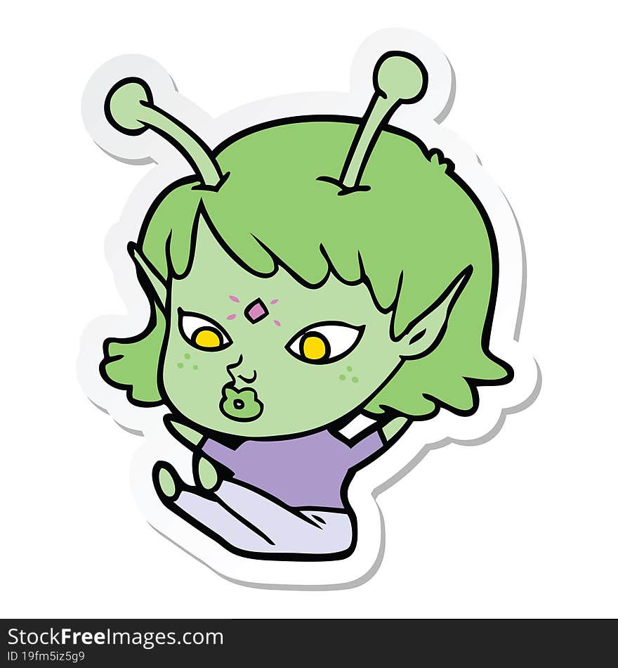 sticker of a pretty cartoon alien girl sitting