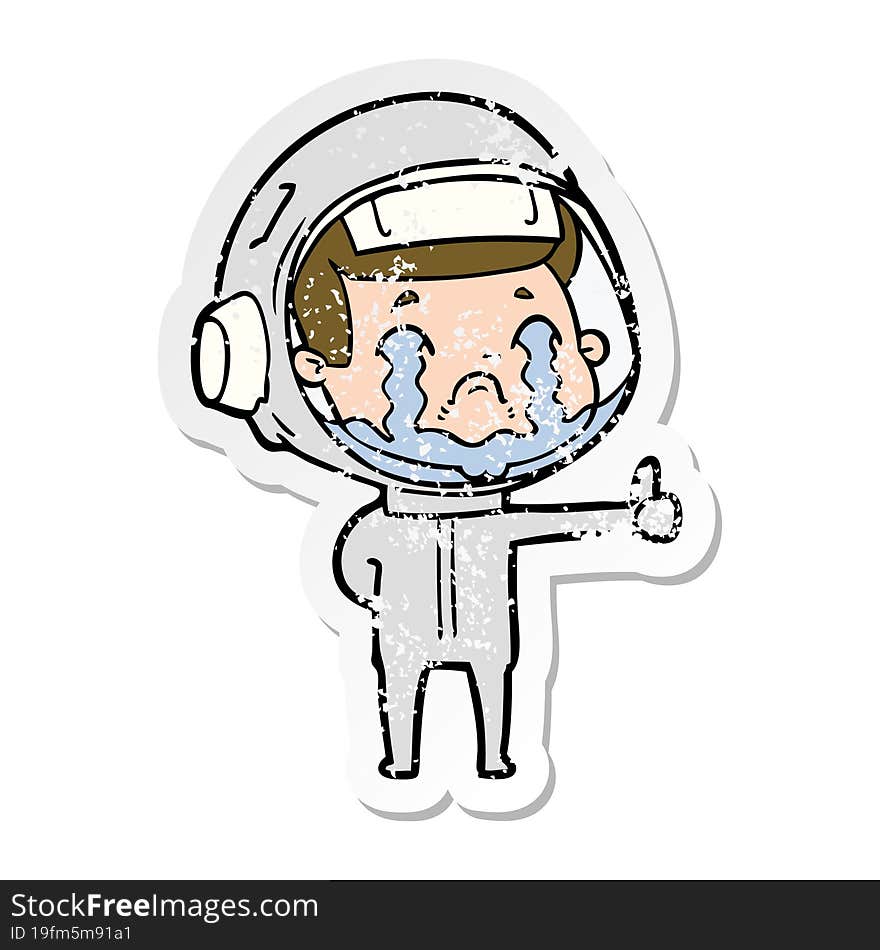 distressed sticker of a cartoon crying astronaut