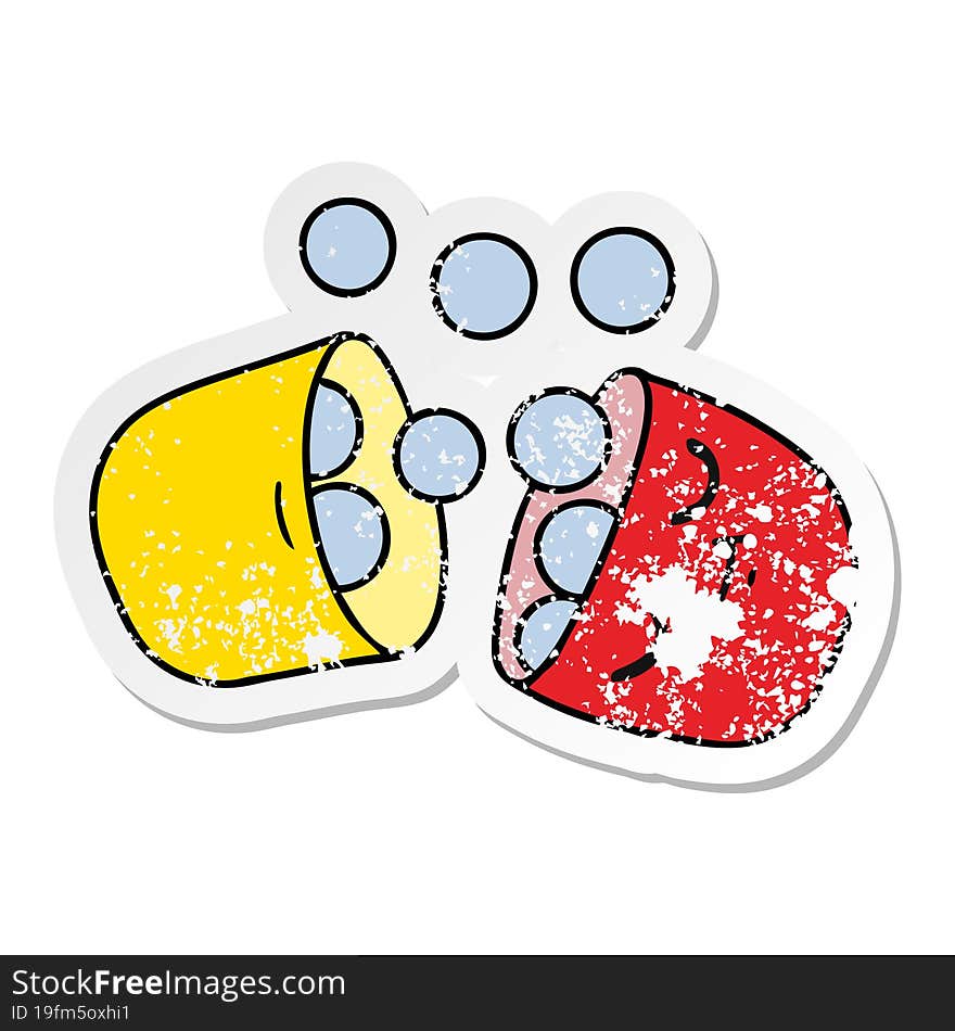 freehand drawn distressed sticker cartoon of a smiling pill