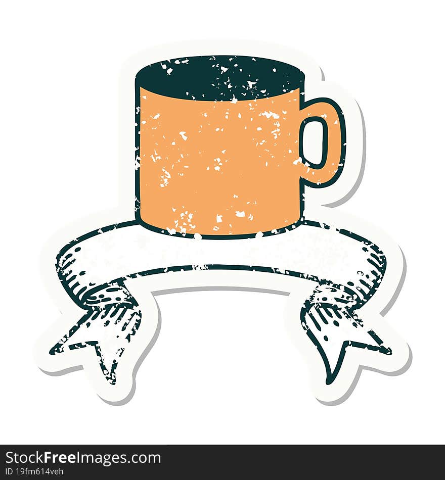 grunge sticker with banner of cup of coffee