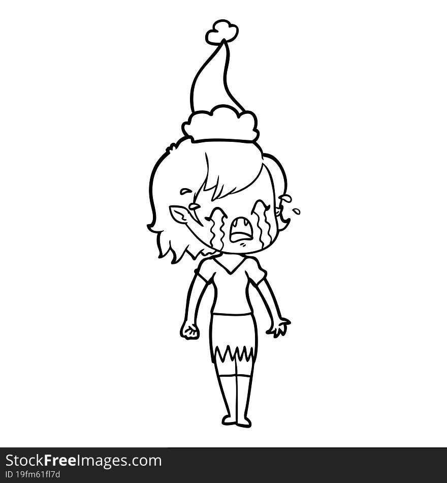 Line Drawing Of A Crying Vampire Girl Wearing Santa Hat