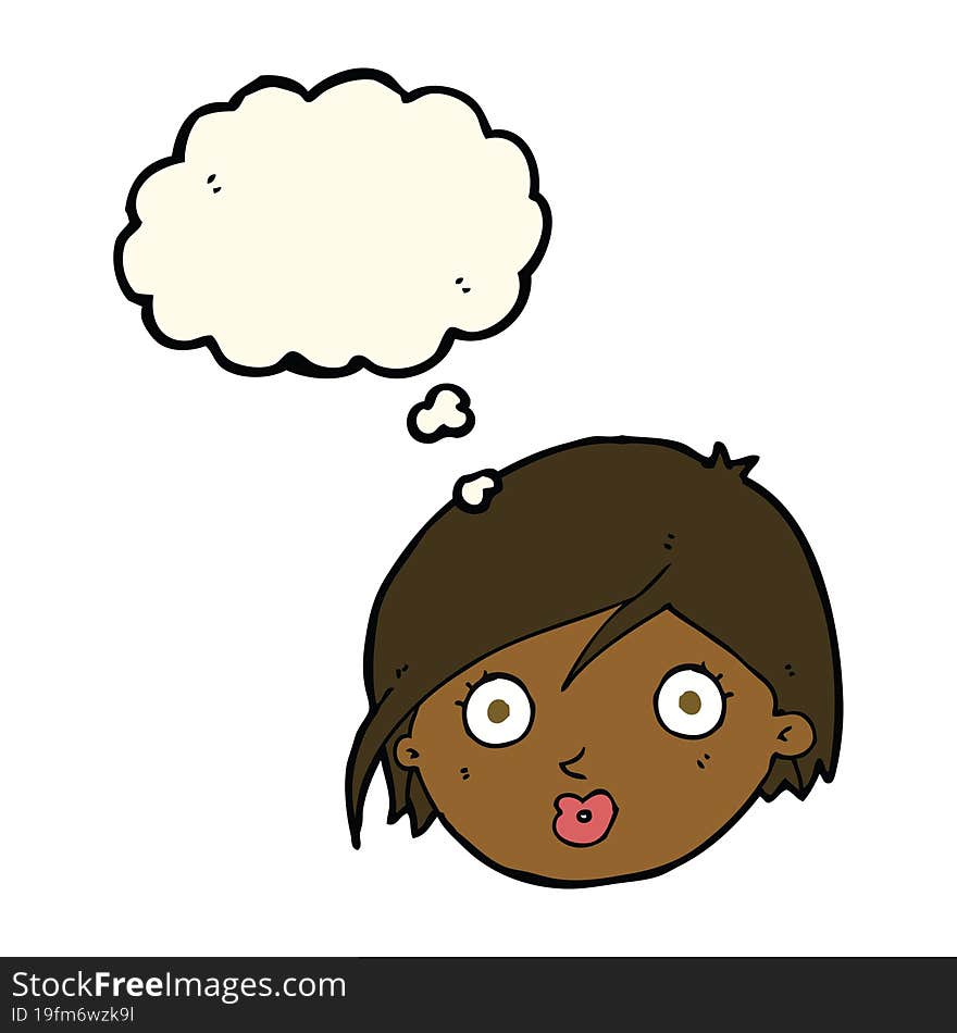 cartoon surprised female face with thought bubble