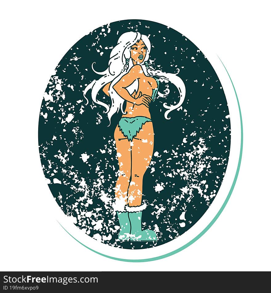 distressed sticker tattoo style icon of a pinup viking girl