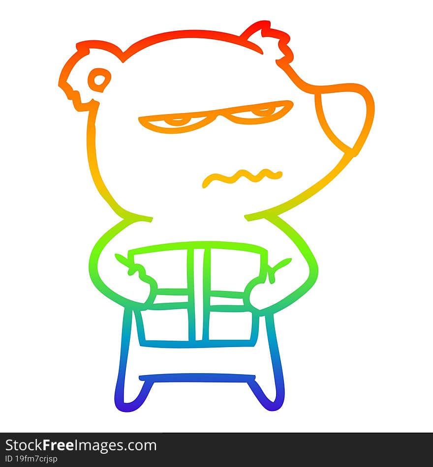 rainbow gradient line drawing angry bear cartoon holding present