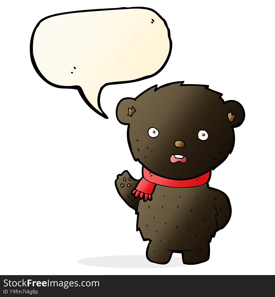 cartoon black bear wearing scarf with speech bubble