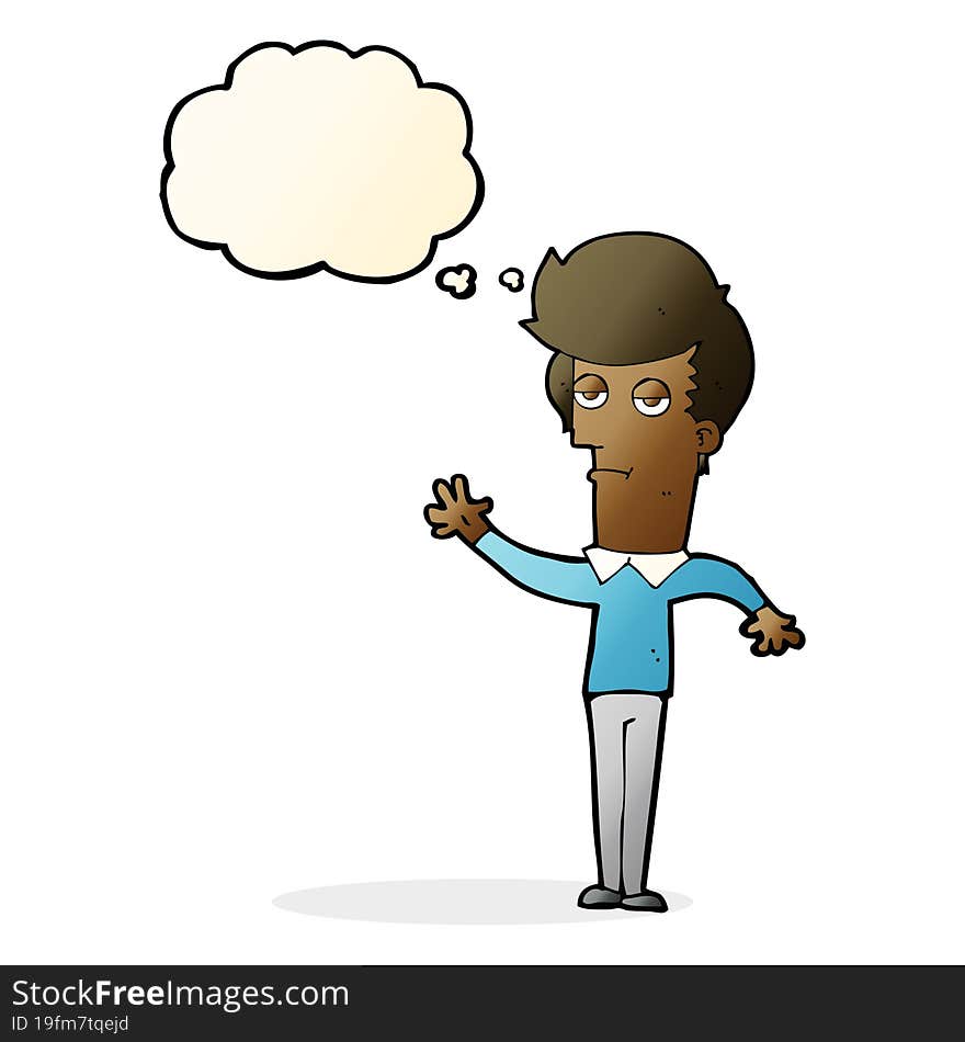 cartoon bored man waving with thought bubble