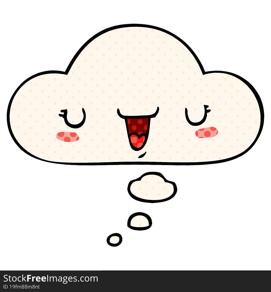 cute happy face cartoon with thought bubble in comic book style