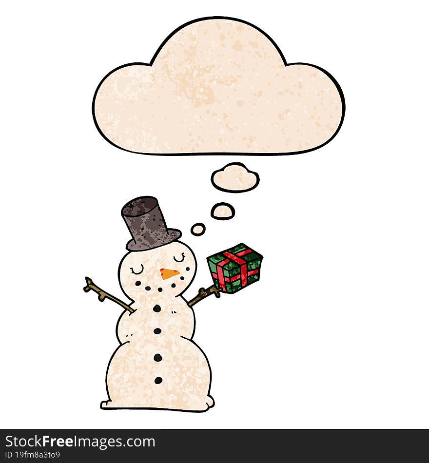 cartoon snowman and thought bubble in grunge texture pattern style