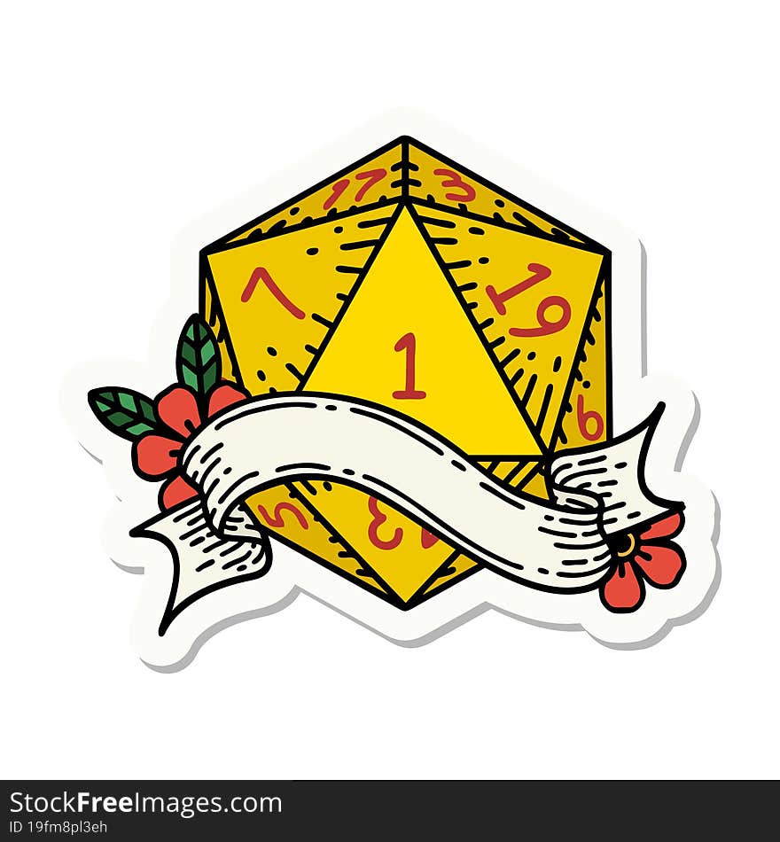 sticker of a natural one d20 dice roll. sticker of a natural one d20 dice roll