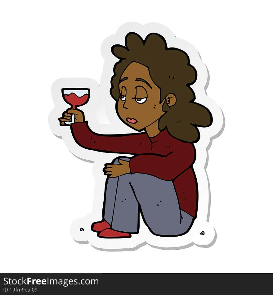 sticker of a cartoon unhappy woman with glass of wine