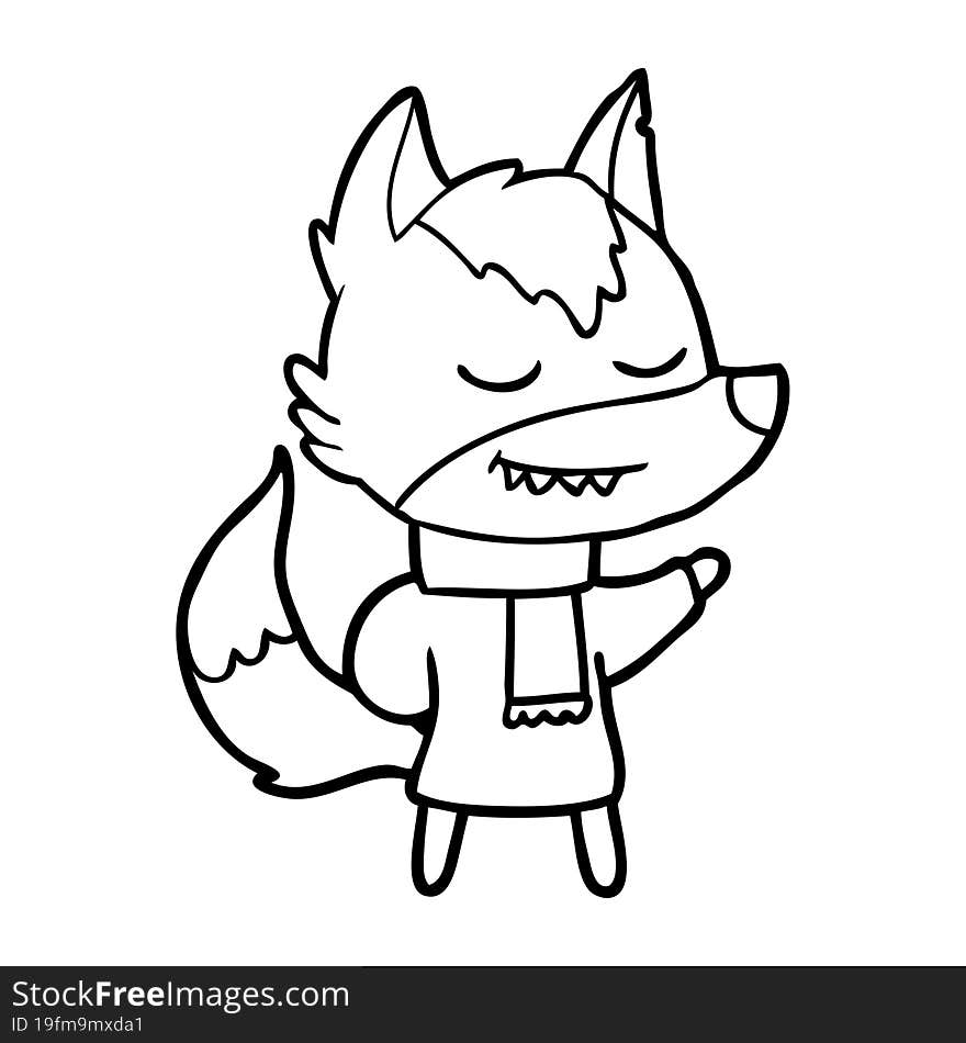 friendly cartoon wolf wearing scarf. friendly cartoon wolf wearing scarf