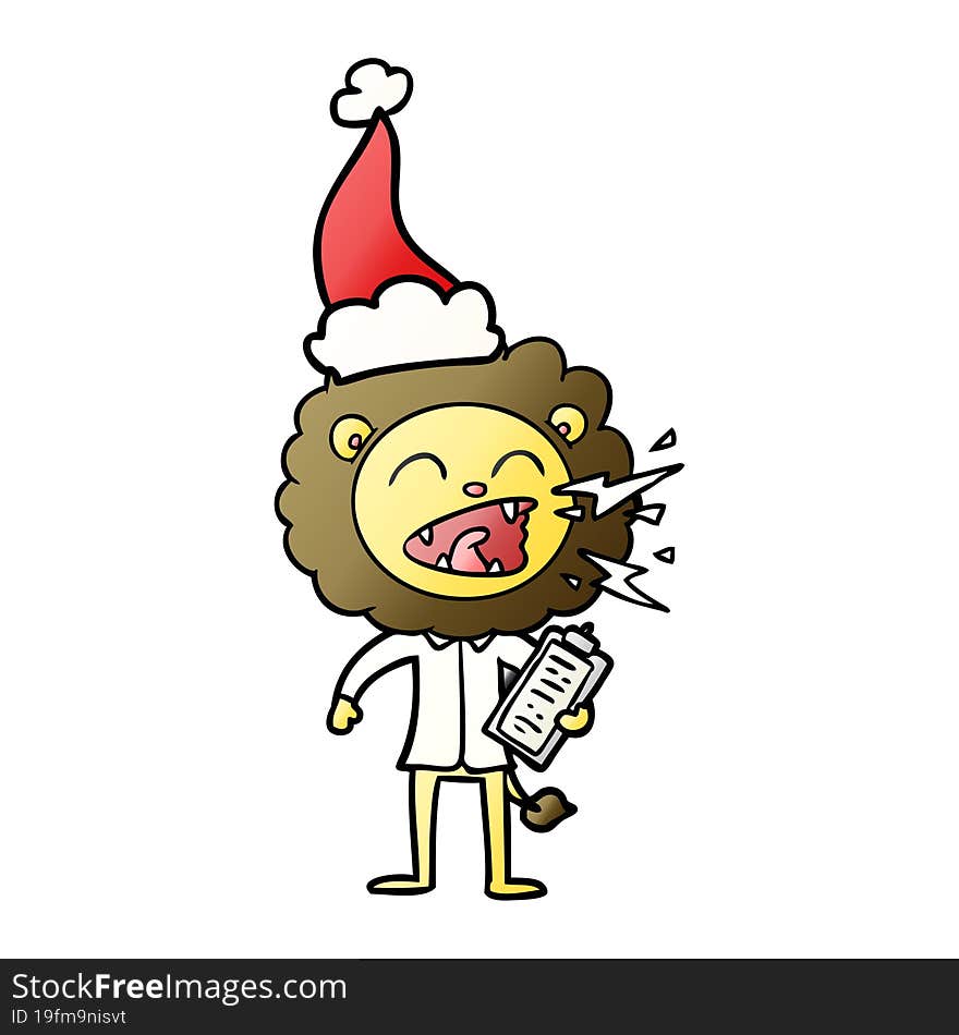 gradient cartoon of a roaring lion doctor wearing santa hat