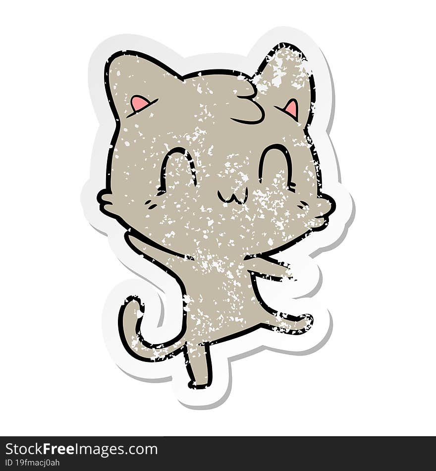 distressed sticker of a cartoon happy cat