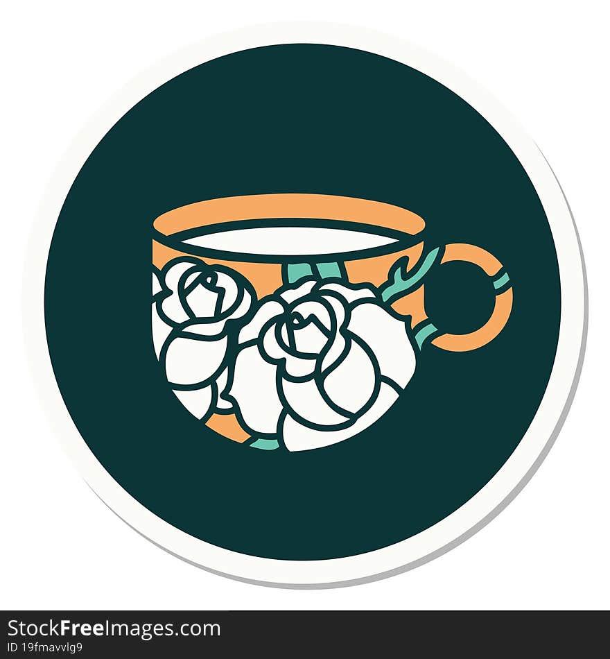 tattoo style sticker of a cup and flowers