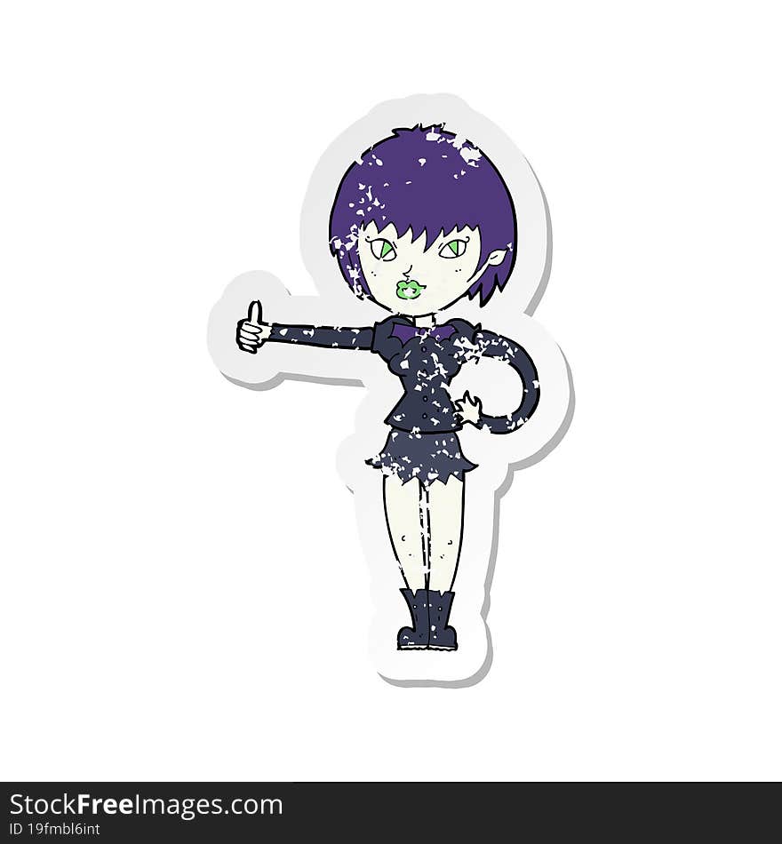 Retro Distressed Sticker Of A Cartoon Vampire Girl Giving Thumbs Up Sign