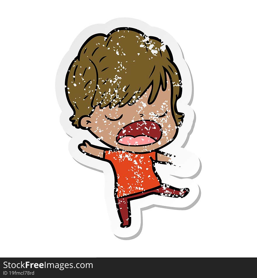 distressed sticker of a cartoon woman talking