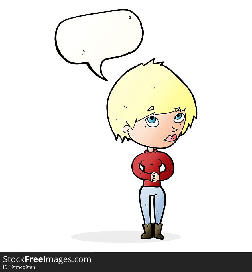 cartoon woman considering with speech bubble