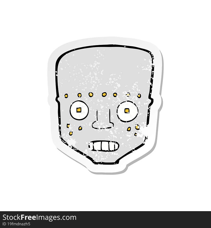 retro distressed sticker of a cartoon robot head