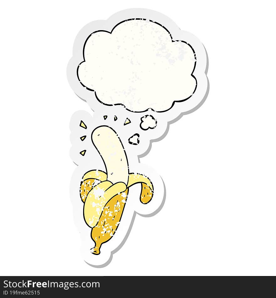 cartoon banana and thought bubble as a distressed worn sticker