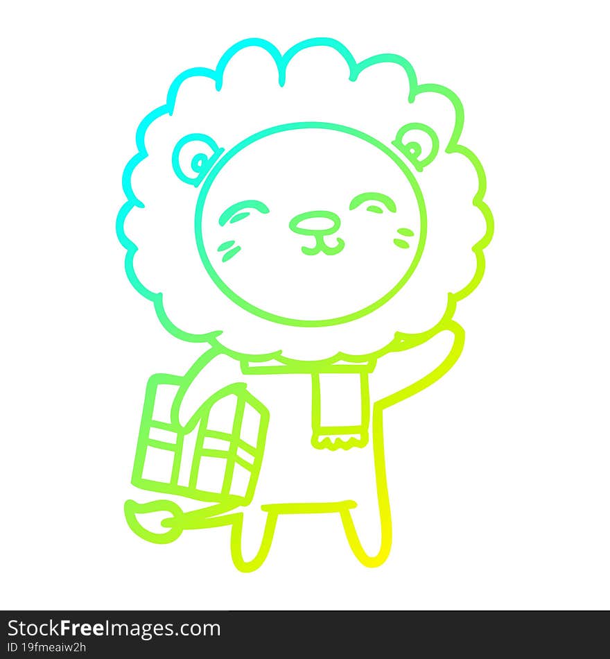 cold gradient line drawing cartoon lion with christmas present