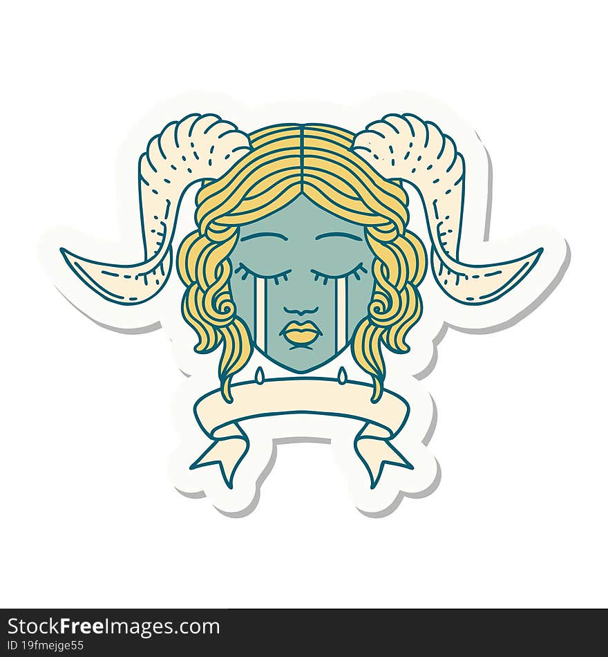 sticker of a crying tiefling character face with scroll banner. sticker of a crying tiefling character face with scroll banner