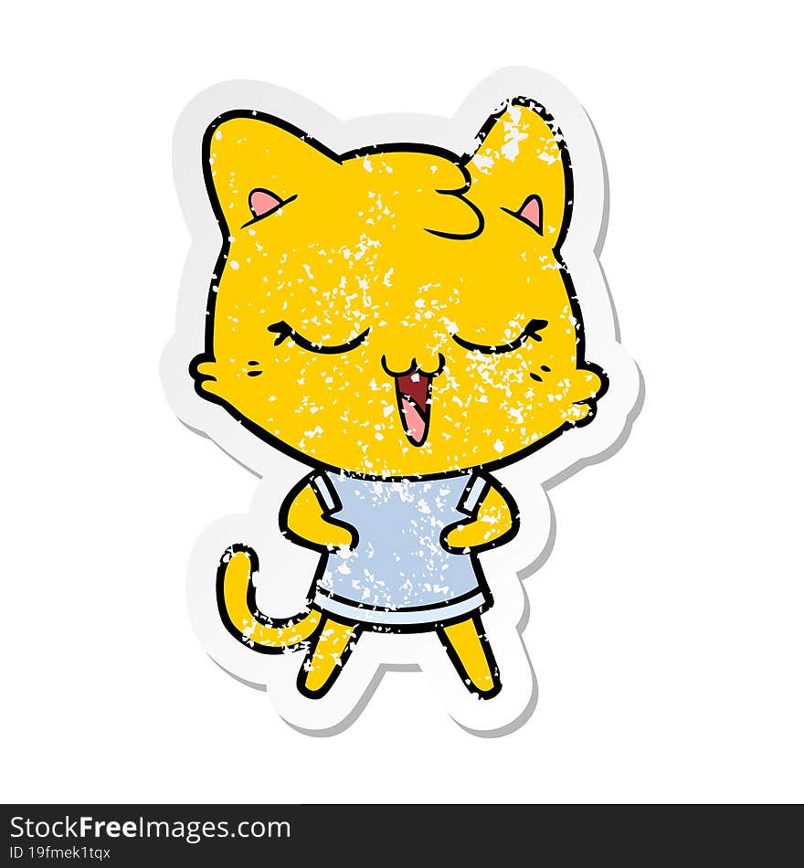 distressed sticker of a happy cartoon cat