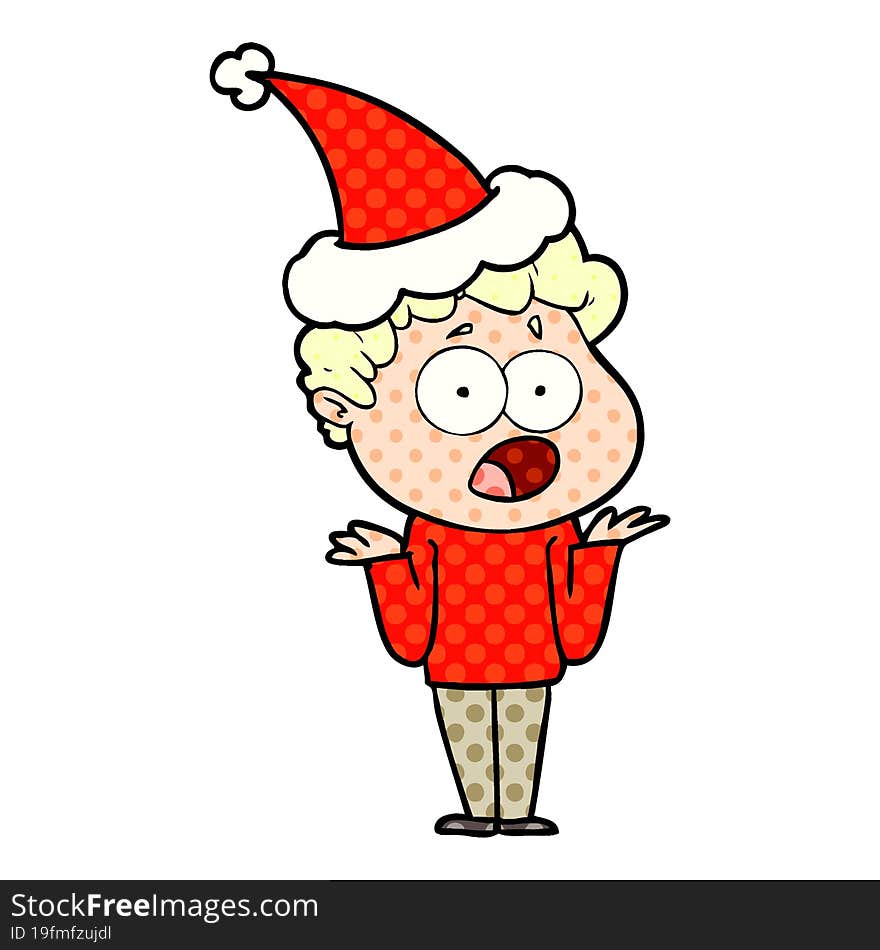 comic book style illustration of a man gasping in surprise wearing santa hat