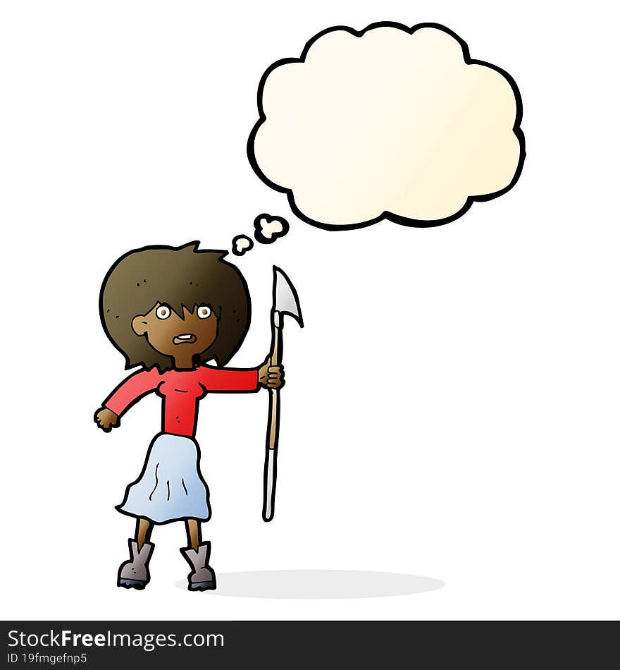 cartoon woman with harpoon with thought bubble