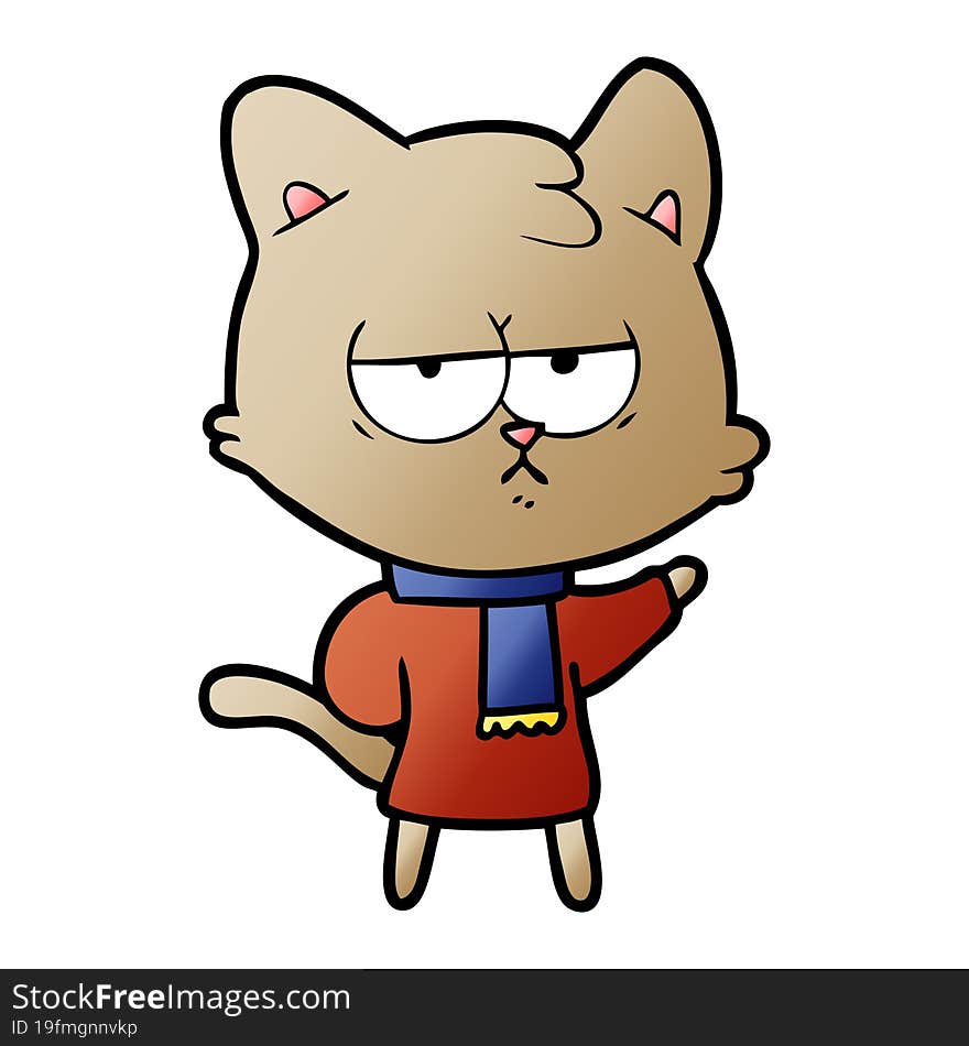 bored cartoon cat in winter clothes. bored cartoon cat in winter clothes