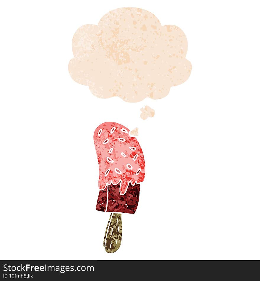 cartoon ice cream lolly with thought bubble in grunge distressed retro textured style. cartoon ice cream lolly with thought bubble in grunge distressed retro textured style