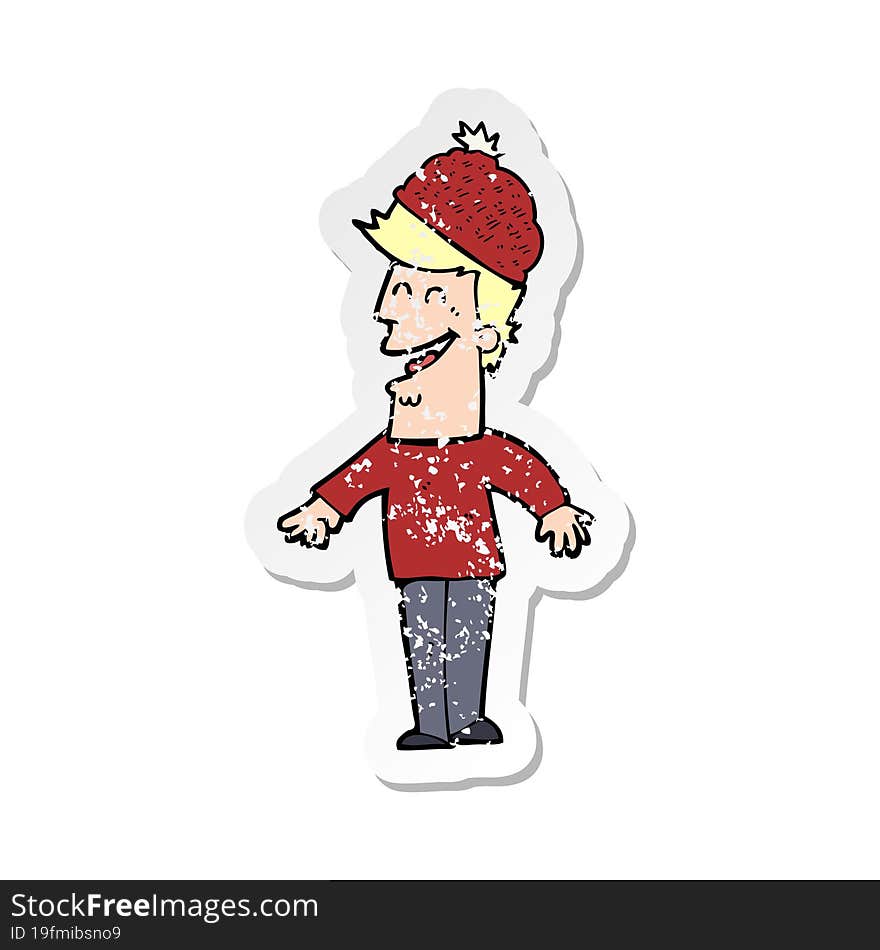 Retro Distressed Sticker Of A Cartoon Man Wearing Winter Hat