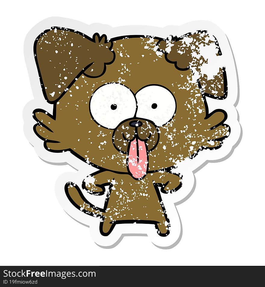 distressed sticker of a cartoon dog with tongue sticking out