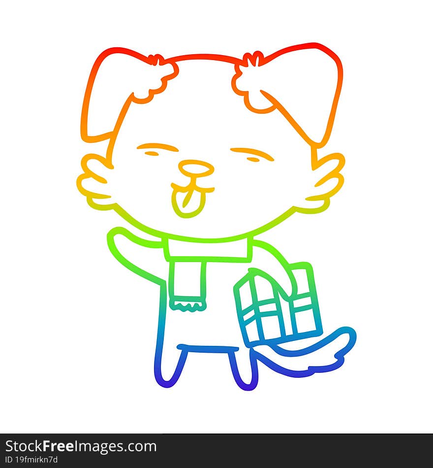 Rainbow Gradient Line Drawing Cartoon Dog With Xmas Gift