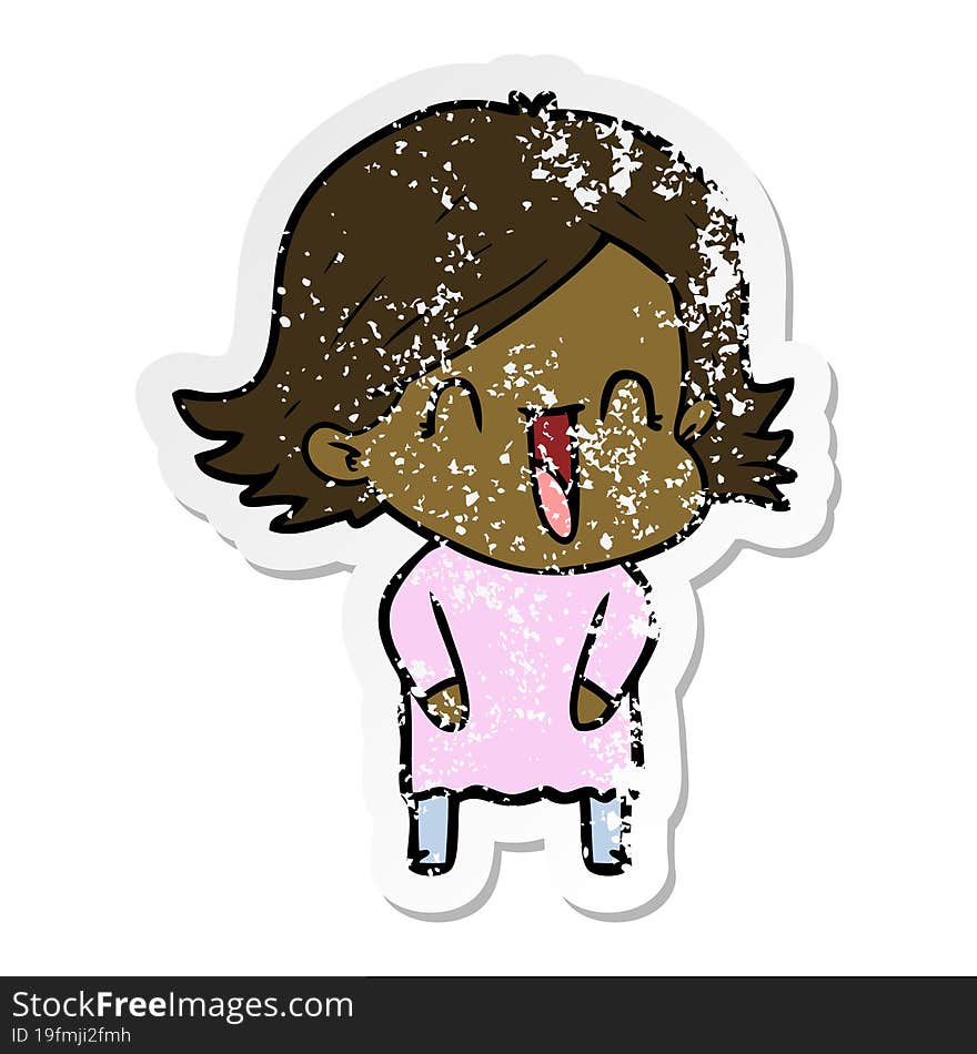 distressed sticker of a cartoon laughing woman