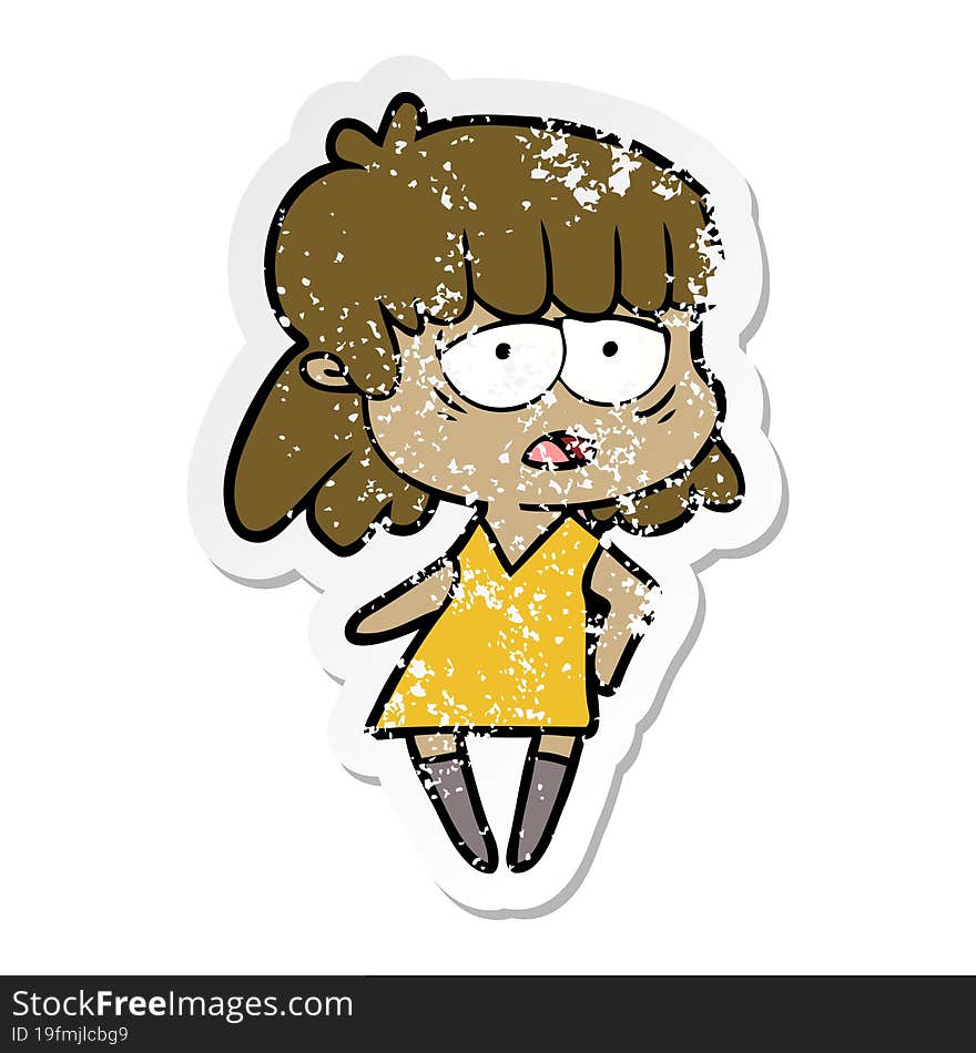 distressed sticker of a cartoon tired woman