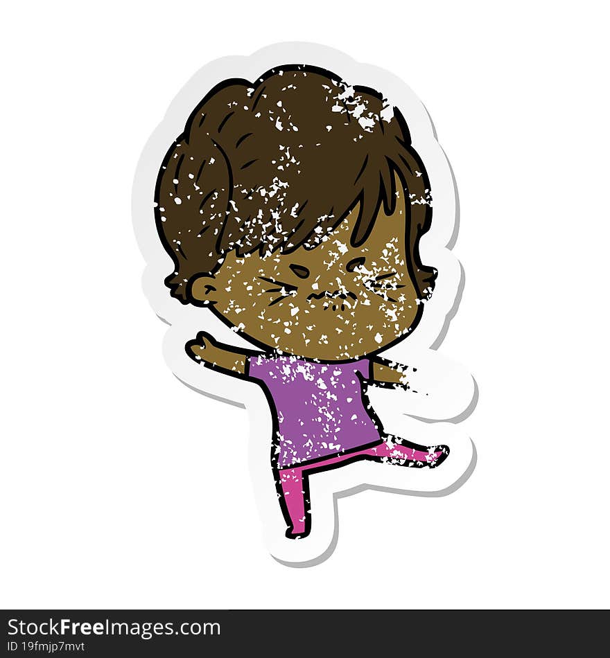 distressed sticker of a cartoon frustrated woman