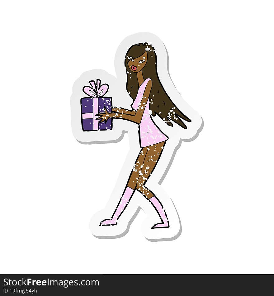 retro distressed sticker of a cartoon fashion girl with present