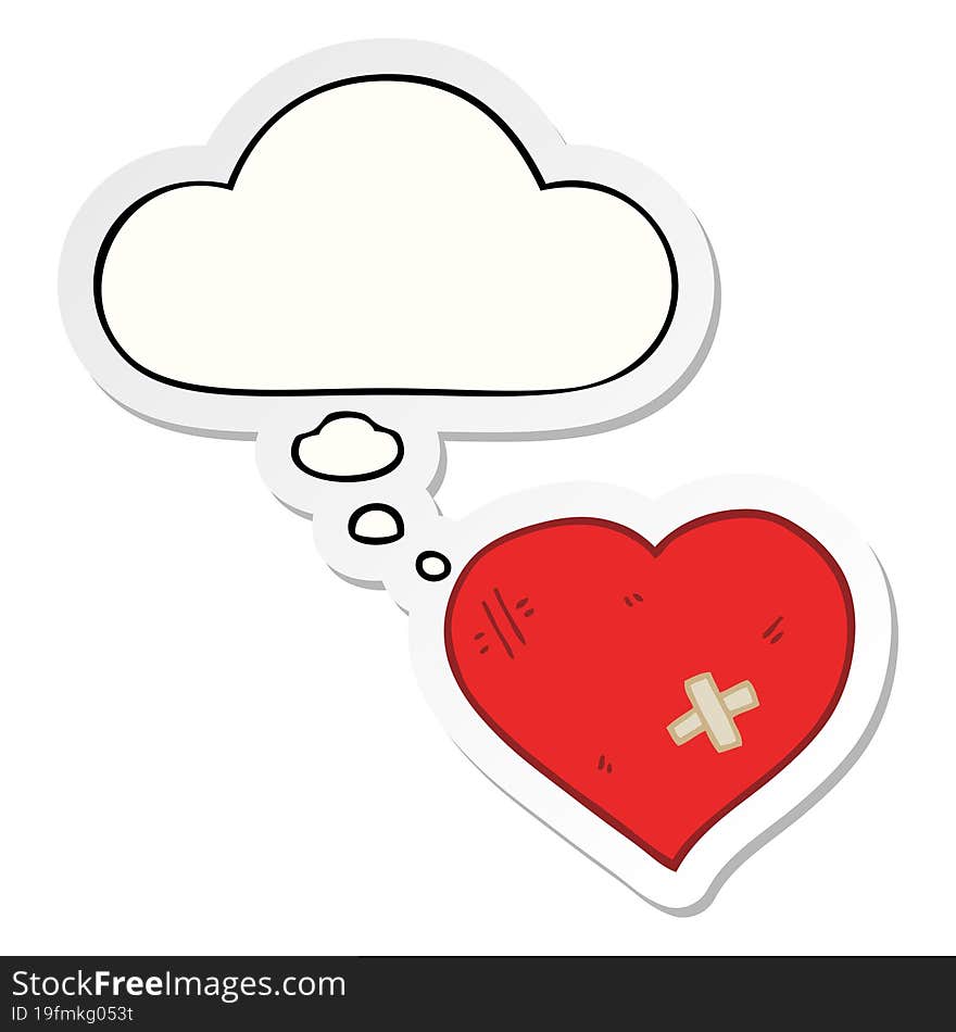 cartoon love heart with sticking plaster and thought bubble as a printed sticker