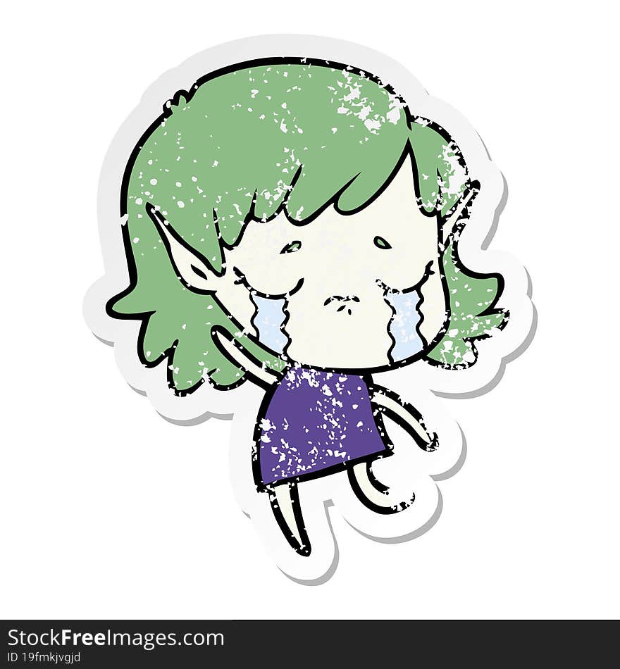 distressed sticker of a cartoon crying elf girl