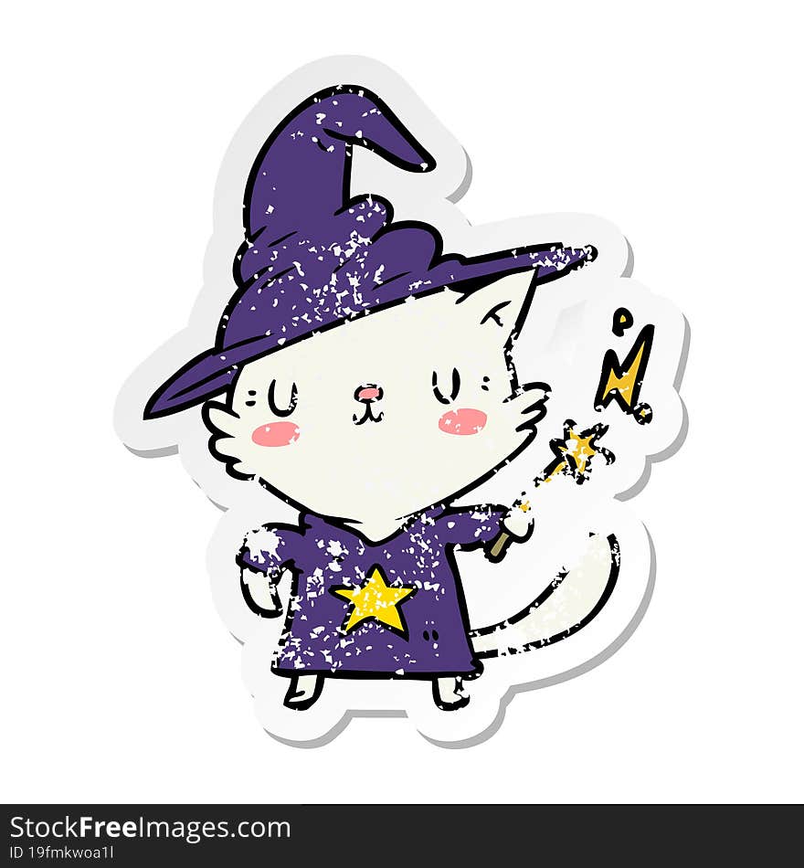 distressed sticker of a cartoon cat wizard