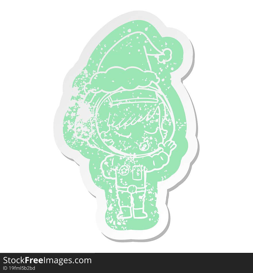 cartoon distressed sticker of a pretty astronaut girl wearing santa hat