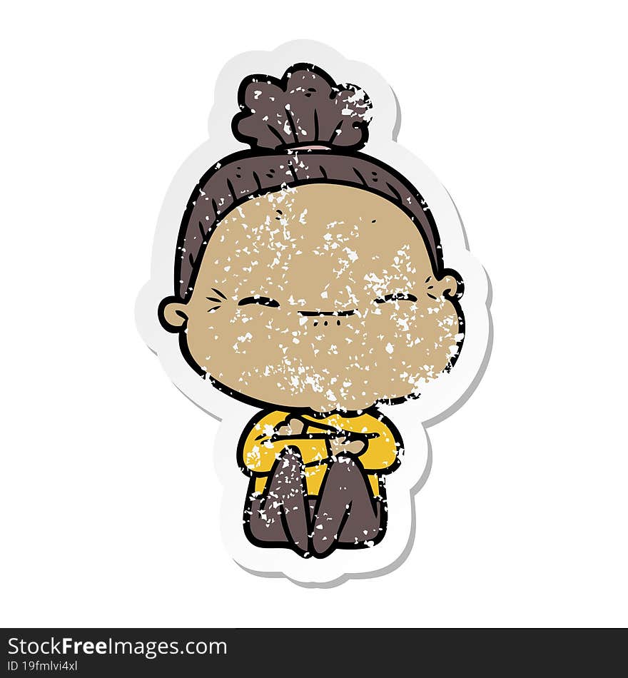 distressed sticker of a cartoon peaceful old woman