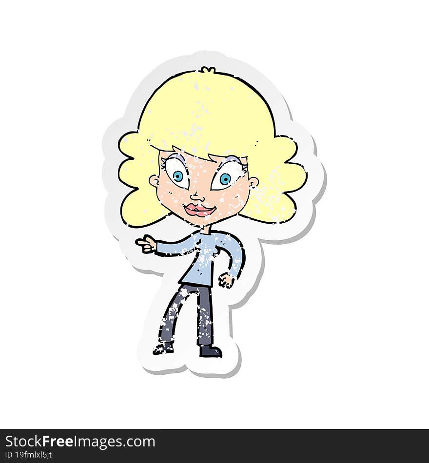 retro distressed sticker of a cartoon woman pointing